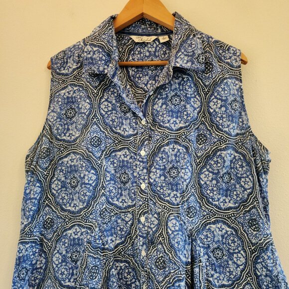Caffe Marrakesh Blue/White Paisley Sleeveless Tunic Button Tank Top Women L Chic - Picture 4 of 14
